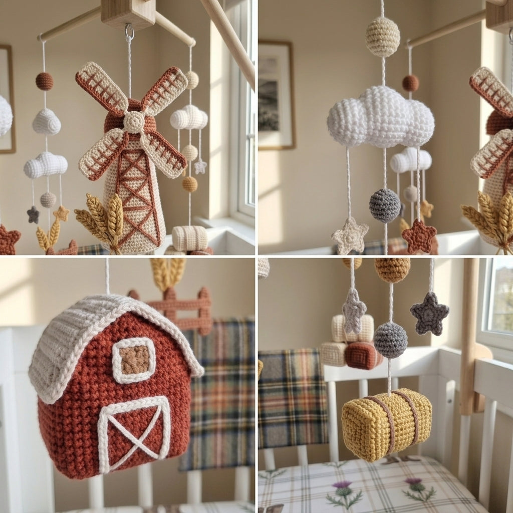 A four-panel collage showing a handmade crocheted baby crib mobile with farm-themed elements, including a windmill, clouds, stars, hay bales, and a barn, hanging in a nursery setting.
