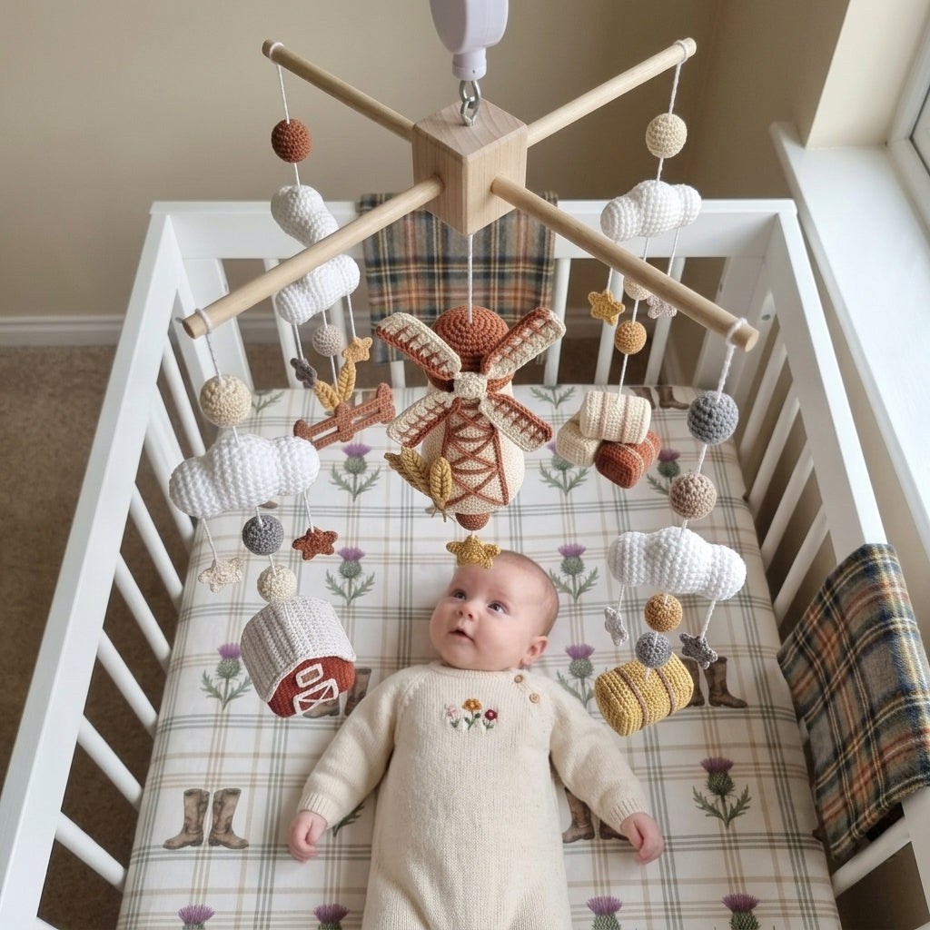 A baby in a cream knit romper lies in a white crib, looking up at a wooden baby mobile with crocheted clouds, a windmill, and small autumn-themed hanging toys.