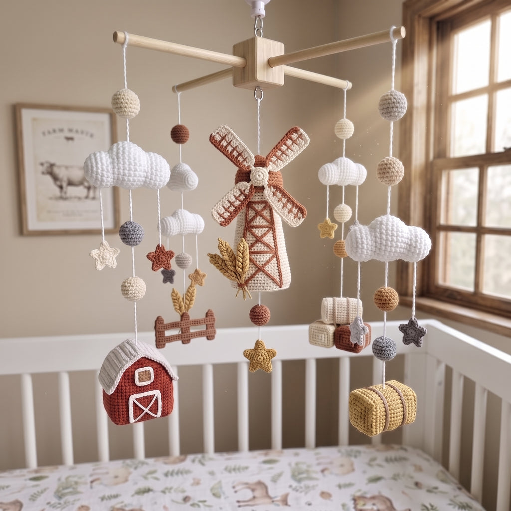 A rustic crochet baby mobile with a windmill, barn, hay bale, and clouds, hanging in a white crib in a warm, sunlit nursery.