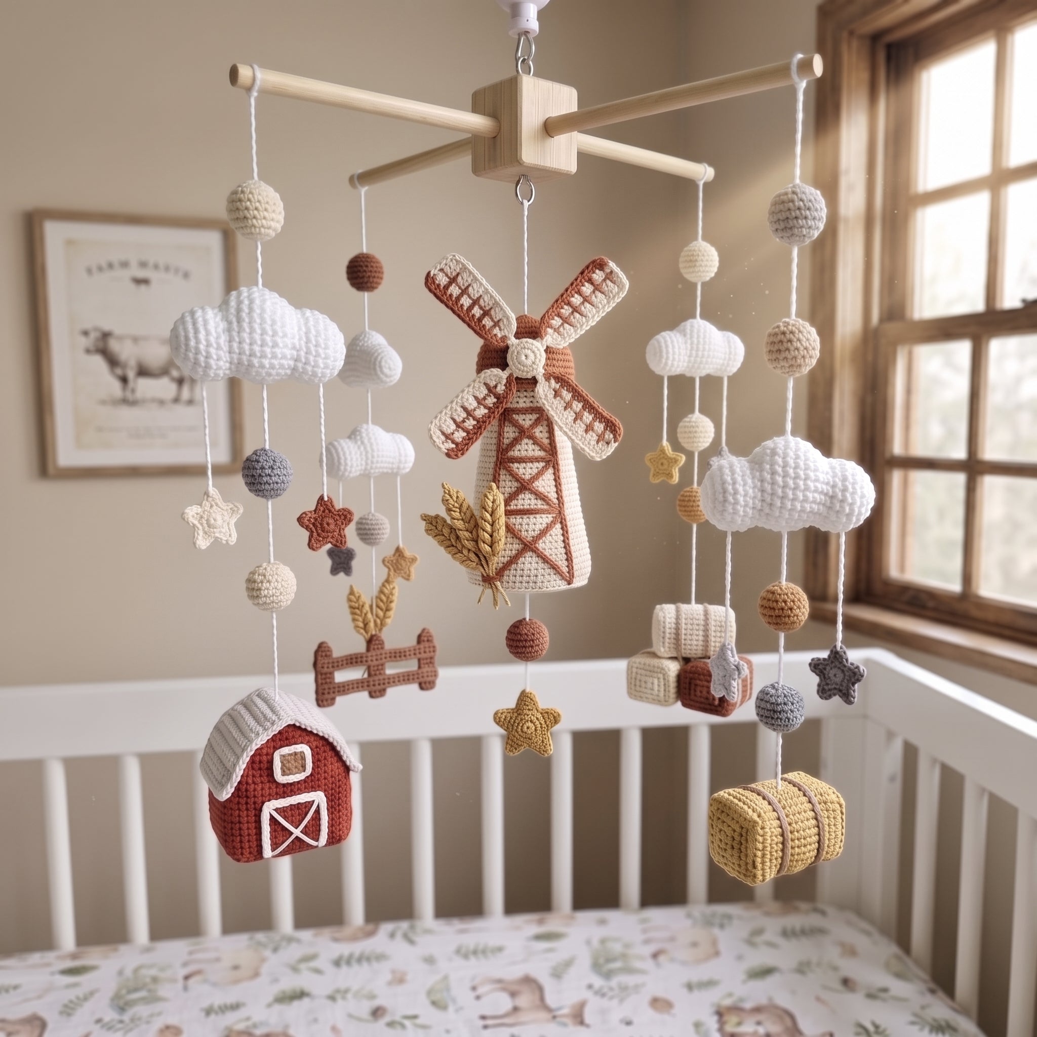 A rustic crochet baby mobile with a windmill, barn, hay bale, and clouds, hanging in a white crib in a warm, sunlit nursery.