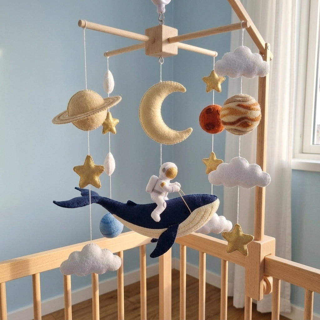 Cosmic Whale Adventure Felt Baby Mobile, Handmade Astronaut Crib Hanging with Planets, Moon and Stars