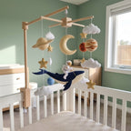 Cosmic Whale Adventure Felt Baby Mobile, Handmade Astronaut Crib Hanging with Planets, Moon and Stars