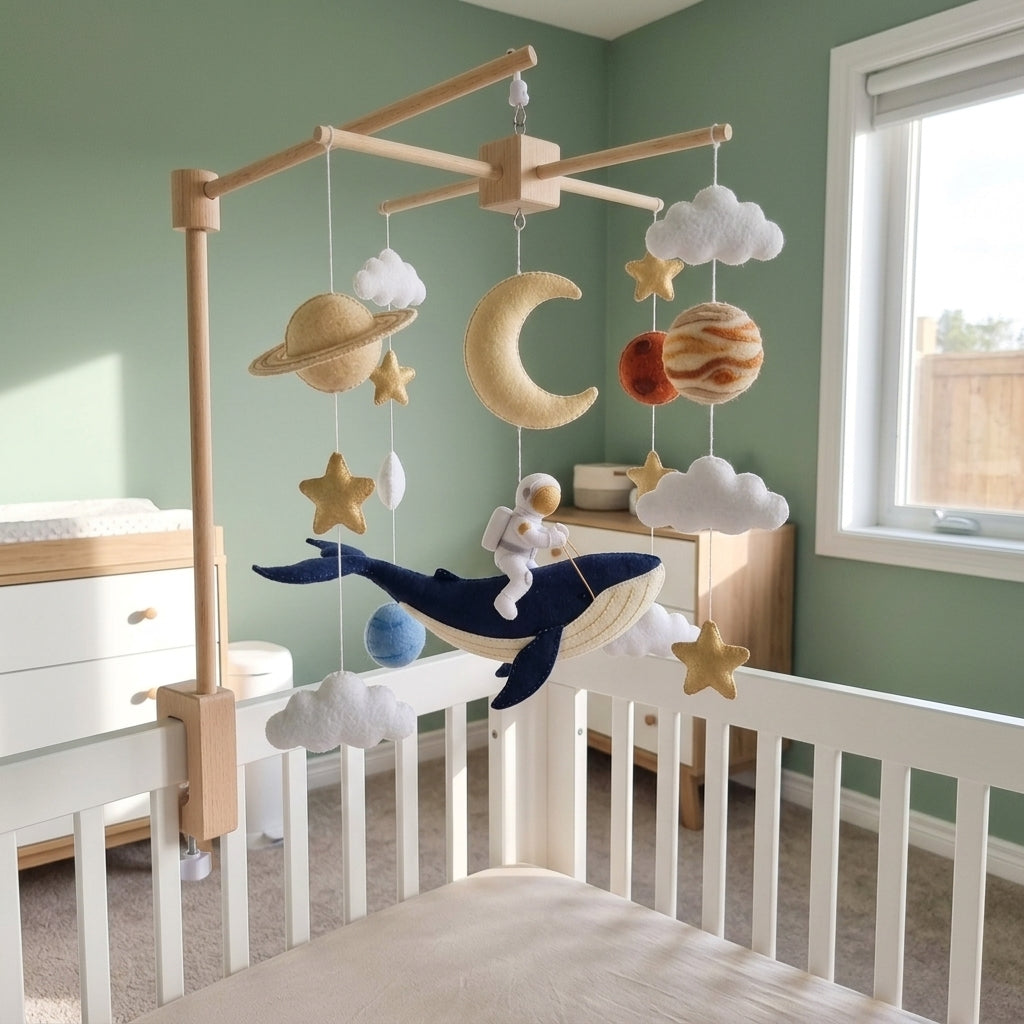 Cosmic Whale Adventure Felt Baby Mobile, Handmade Astronaut Crib Hanging with Planets, Moon and Stars
