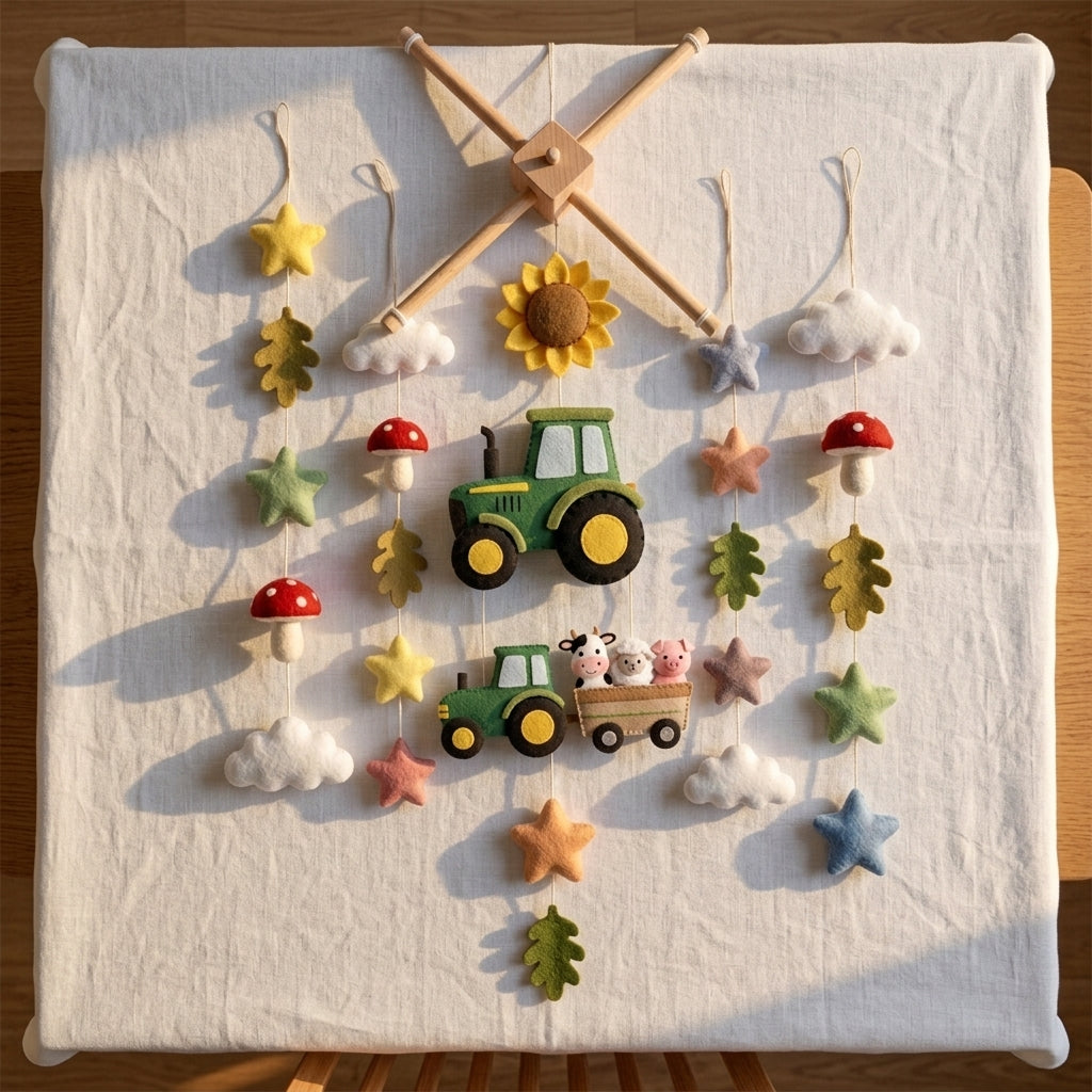 Handmade Felt Tractor Baby Mobile – Farm Animal Nursery Crib Decor