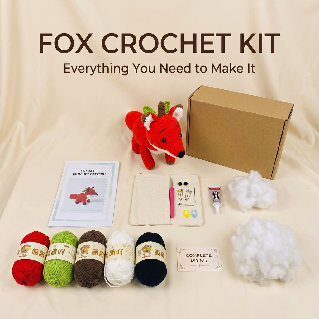A fox crochet kit laid out on a beige fabric background with the text 'FOX CROCHET KIT' at the top. The kit includes a brown cardboard box, a red plush fox toy, a crochet pattern booklet, a small pouch with hooks and thread, cotton balls, yarn skeins in red, green, brown, white, and black, and a small card reading 'COMPLETE DIY KIT'.