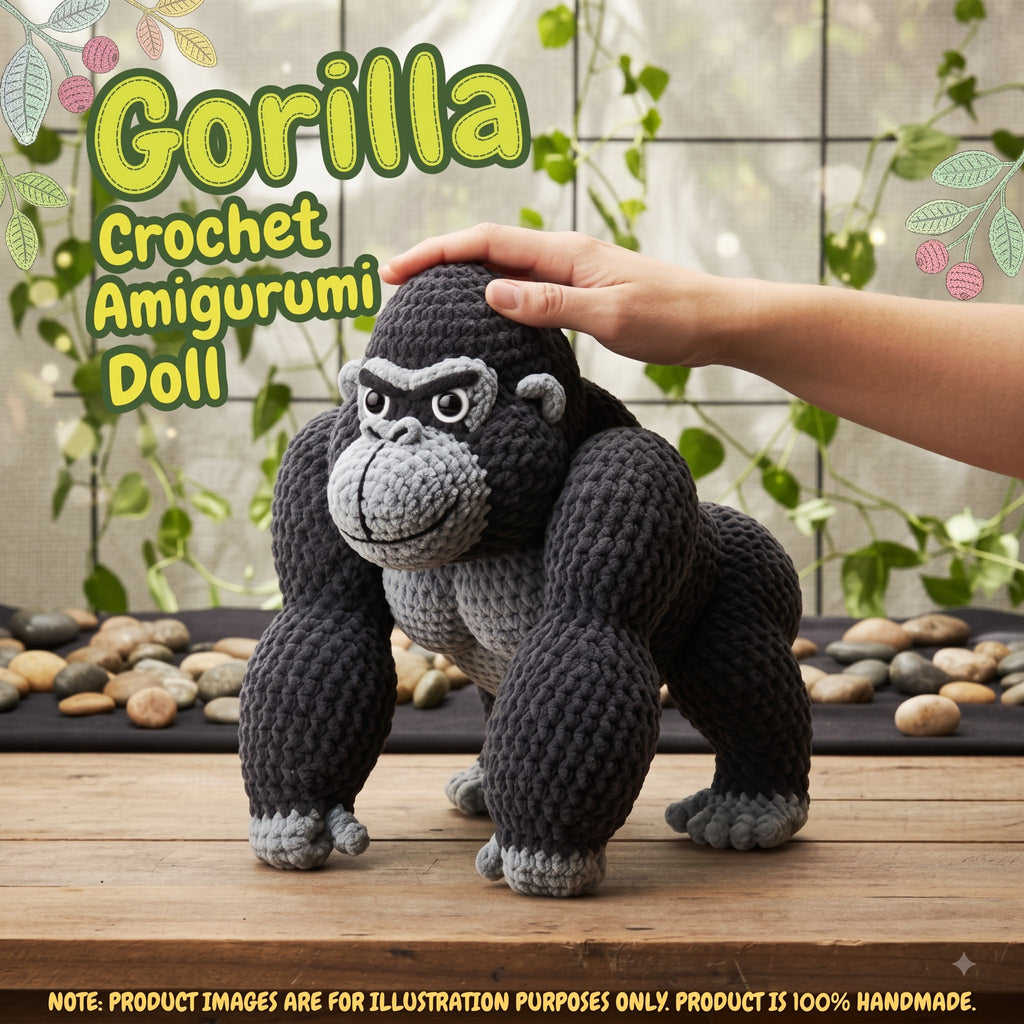 A crocheted gorilla amigurumi doll is shown standing on a wooden surface with a human hand resting on its head. Large text reads 'Gorilla Crochet Amigurumi Doll,' and the background includes greenery, stones, and a window.