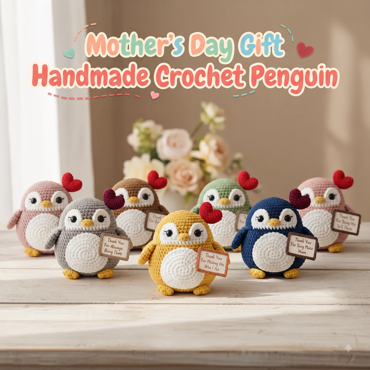Six handmade crocheted penguin toys in different colors are arranged on a light wooden surface with a blurred floral background. Large decorative text at the top reads 'Mother's Day Gift Handmade Crochet Penguin.