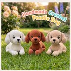 Three handmade crochet poodle dog toys are sitting on green grass in a garden setting. The left dog is white, the center dog is brown, and the right dog is beige.