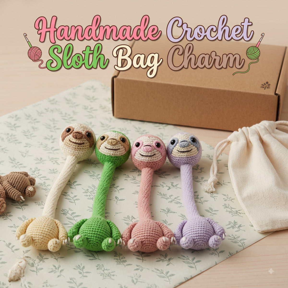 Four colorful long-neck handmade crochet sloth bag charms lined up on a patterned cloth next to a cardboard box and drawstring pouch, with "Handmade Crochet Sloth Bag Charm" title text.