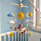 Vintage Aviator Bunny Felt Baby Mobile, Handmade Biplane Crib Hanging with Sun, Moon, Clouds and Stars