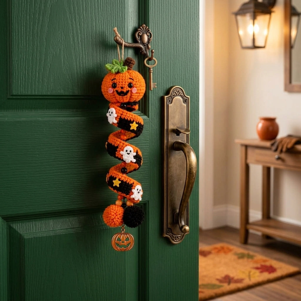 A crocheted Halloween keychain hanging from a brass doorknob on a dark green door. The keychain features a smiling orange pumpkin, a black and orange witch's hat with white ghosts, and a small jack-o'-lantern charm at the bottom, set against a cozy home entryway background.