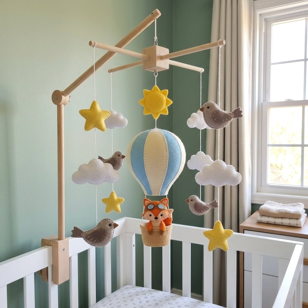 Fox Pilot Hot Air Balloon Felt Baby Mobile, Handmade Sky Adventure Crib Hanging with Birds, Sun and Clouds