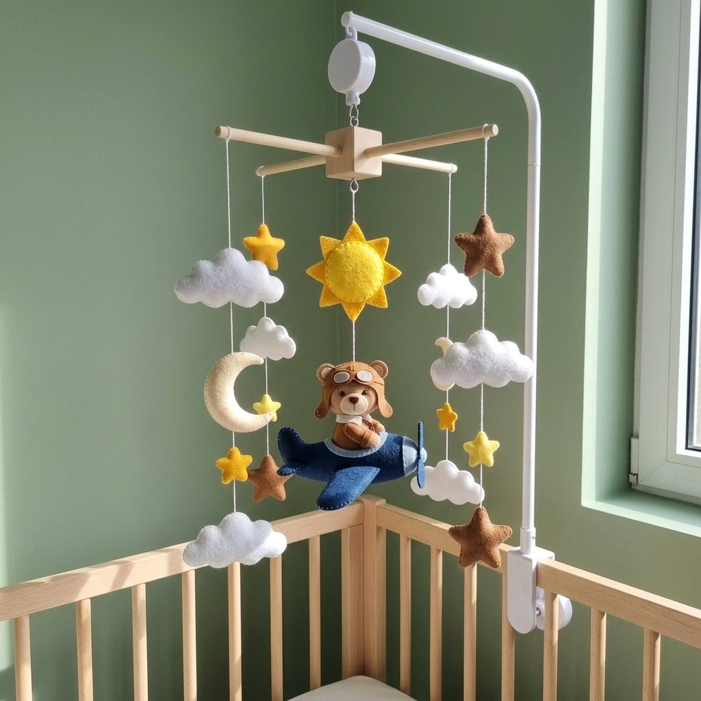 Aviator Bear Felt Baby Mobile, Handmade Airplane Crib Hanging with Sun, Moon, Clouds and Stars