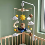 Aviator Bear Felt Baby Mobile, Handmade Airplane Crib Hanging with Sun, Moon, Clouds and Stars