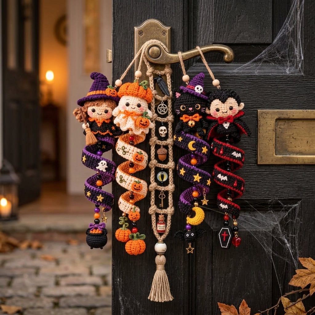 A handmade crocheted Halloween door hanging decoration featuring three whimsical characters—a witch, a pumpkin, and a vampire—attached to a brass doorknob on a dark wooden door. The hanging ornament includes a tassel, small charms, and a spiral banner with seasonal motifs.