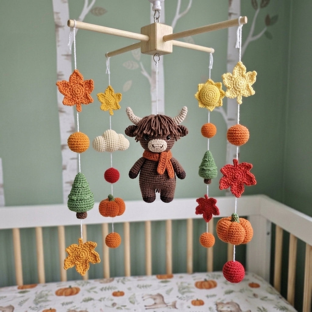 Autumn Highland Cow Crochet Baby Mobile, Fall Woodland Crib Hanging with Pumpkins, Maple Leaves and Pine Trees