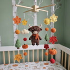 Autumn Highland Cow Crochet Baby Mobile, Fall Woodland Crib Hanging with Pumpkins, Maple Leaves and Pine Trees