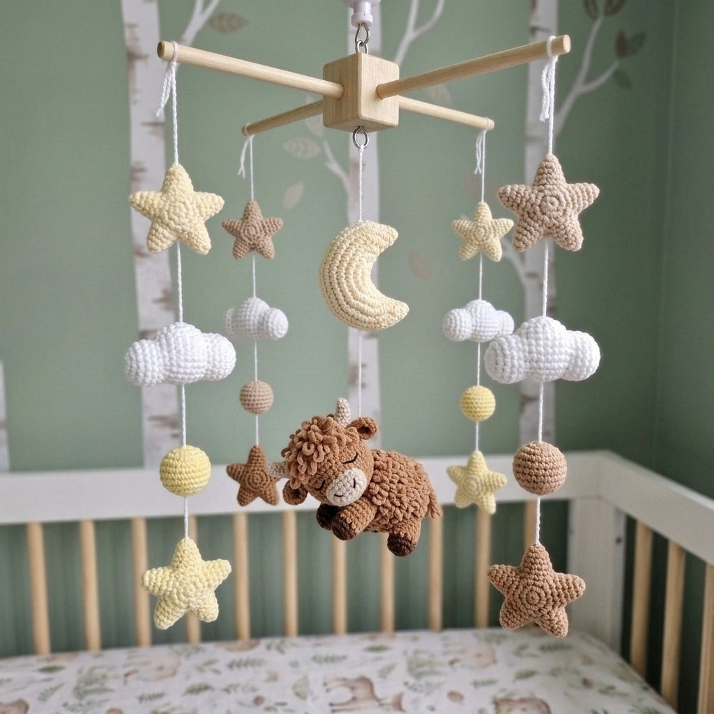 Sleepy Highland Cow Crochet Baby Mobile, Handmade Celestial Crib Hanging with Moon, Clouds and Stars