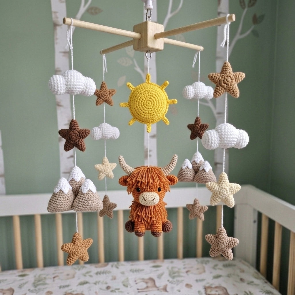 Mountain Highland Cow Crochet Baby Mobile, Handmade Rustic Crib Hanging with Sun, Peaks, Clouds and Stars