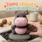 A crocheted hippo amigurumi doll sits on a stone in a styled tabletop scene, with a human hand touching it. Large text at the top reads “Hippo Crochet Amigurumi Doll,” and a note at the bottom says product images are for illustration purposes only.