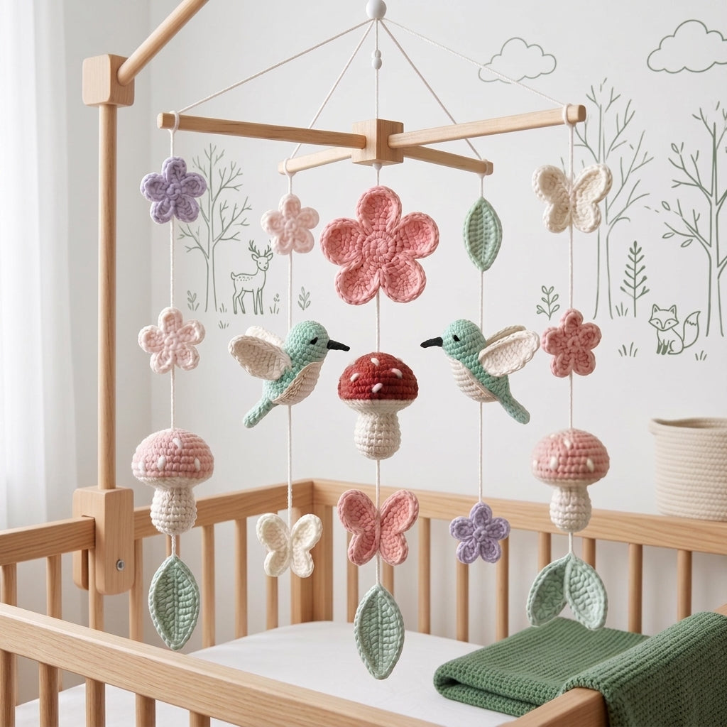 Crochet Mushroom Hummingbird Butterfly Crib Mobile