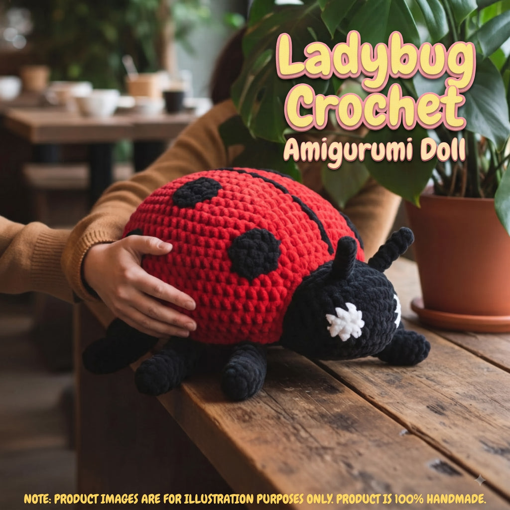 A crocheted ladybug doll with a red body, black spots and legs, and a black head with white eyes, being held on a wooden table in a cafe setting. Text overlays read 'Ladybug Crochet Amigurumi Doll'.
