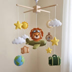 Little Explorer Lion Felt Baby Mobile, Handmade Travel Crib Hanging with Airplane, Globe, Compass and Suitcases