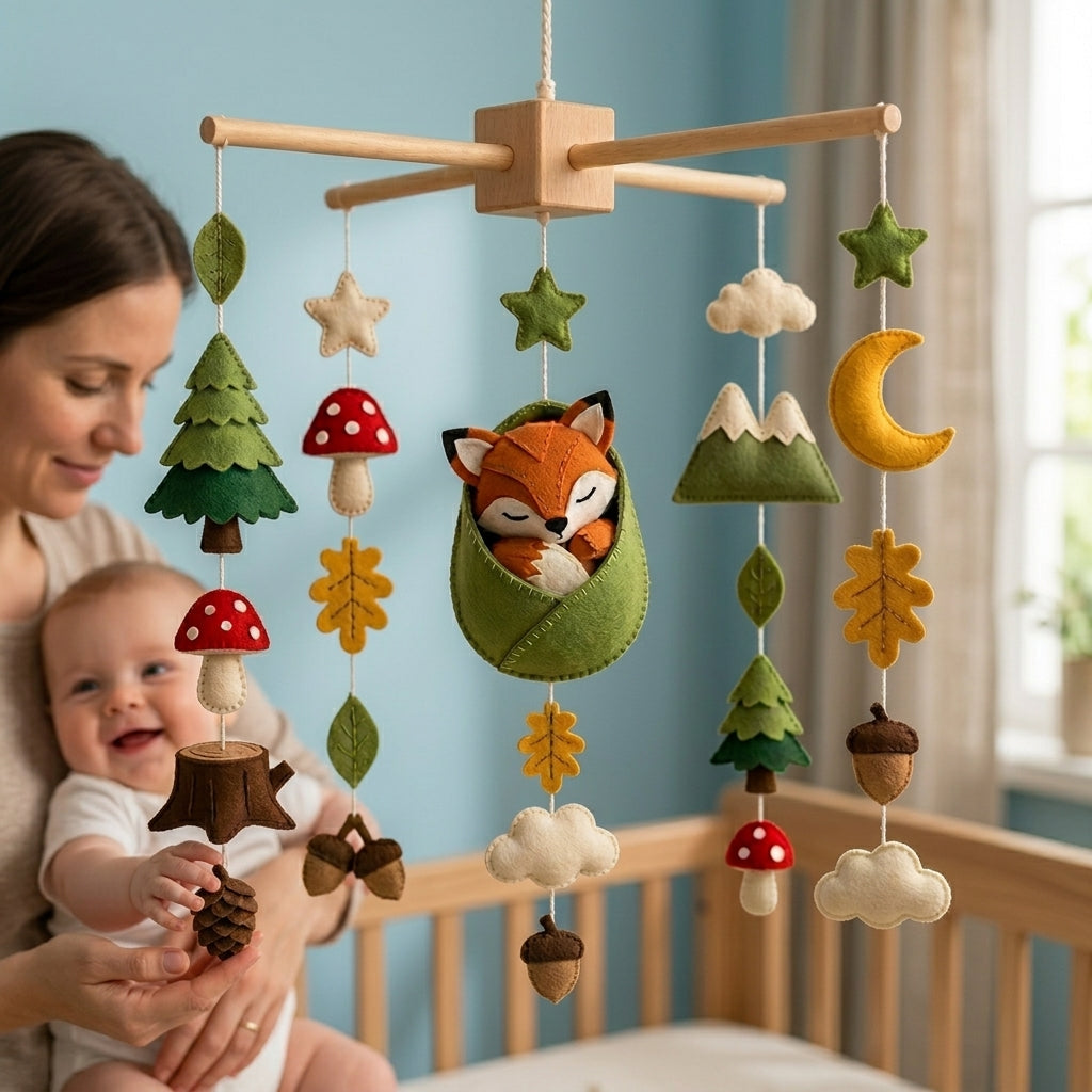 Felt Woodland Fox Baby Mobile with Forest Nursery Crib Decor