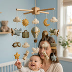 Felt Travel Baby Mobile with Airplane Hot Air Balloon Clouds Moon Stars and Pilot Theme Nursery Crib Decor Baby Shower Gift
