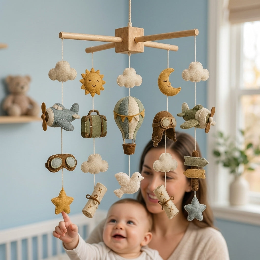 Felt Travel Baby Mobile with Airplane Hot Air Balloon Clouds Moon Stars and Pilot Theme Nursery Crib Decor Baby Shower Gift