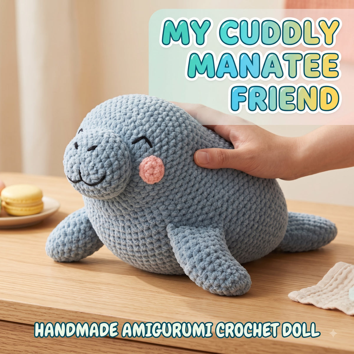 A handmade crocheted manatee doll in light blue-gray is shown on a wooden table with a human hand resting on its back. The image includes text overlays reading 'MY CUDDLY MANATEE FRIEND' and 'HANDMADE AMIGURUMI CROCHET DOLL'.