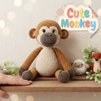 Crocheted plush monkey toy sitting on a wooden shelf, with a hand holding the left edge of the shelf. The background is a soft beige textured wall with bokeh lights, and there is a colorful 'Cute Monkey' graphic overlay in the top right.
