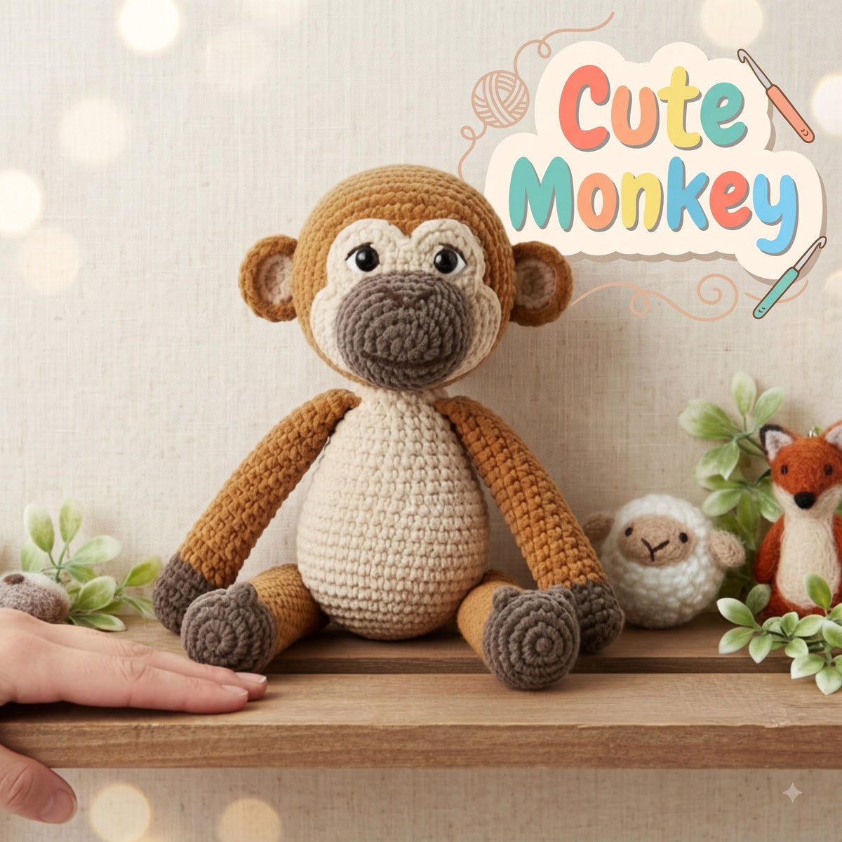 Crocheted plush monkey toy sitting on a wooden shelf, with a hand holding the left edge of the shelf. The background is a soft beige textured wall with bokeh lights, and there is a colorful 'Cute Monkey' graphic overlay in the top right.