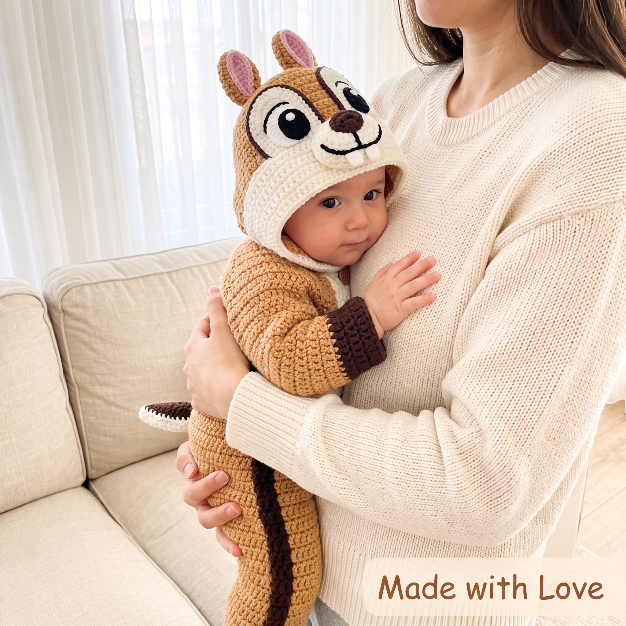Handmade Chipmunk Baby Romper, Crochet Woodland Animal Onesie, Brown Hooded Newborn Outfit, Baby Shower Gift, Photo Prop