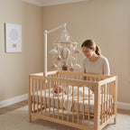 A baby crib in a softly lit nursery with a woman standing beside it and a baby sleeping inside. The crib has a light natural wood frame, white bedding, and a white hanging mobile above.