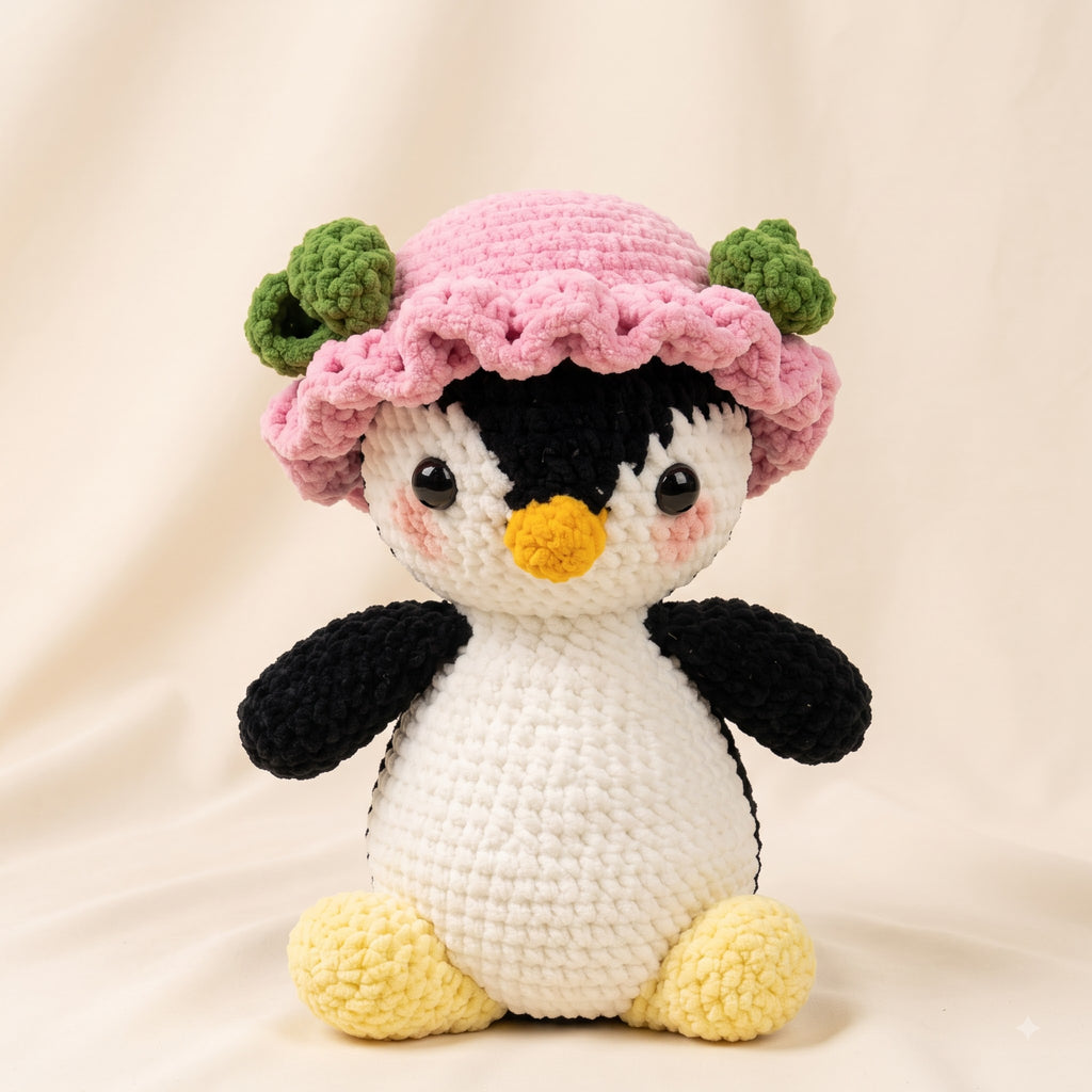 A crocheted penguin toy wearing a pink hat with green accents, posed against a soft beige fabric backdrop.
