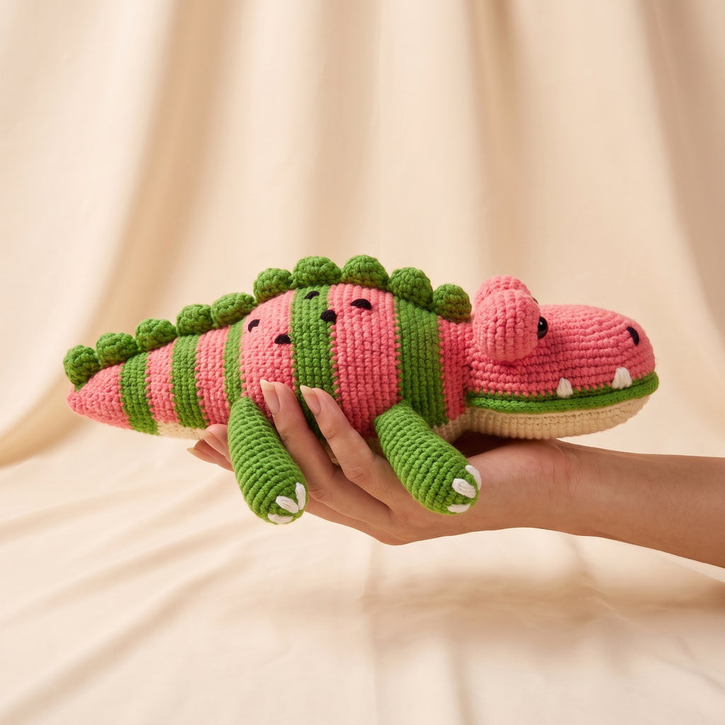 A crocheted plush dinosaur toy with pink and green stripes, held in a person's hand against a soft beige fabric backdrop.
