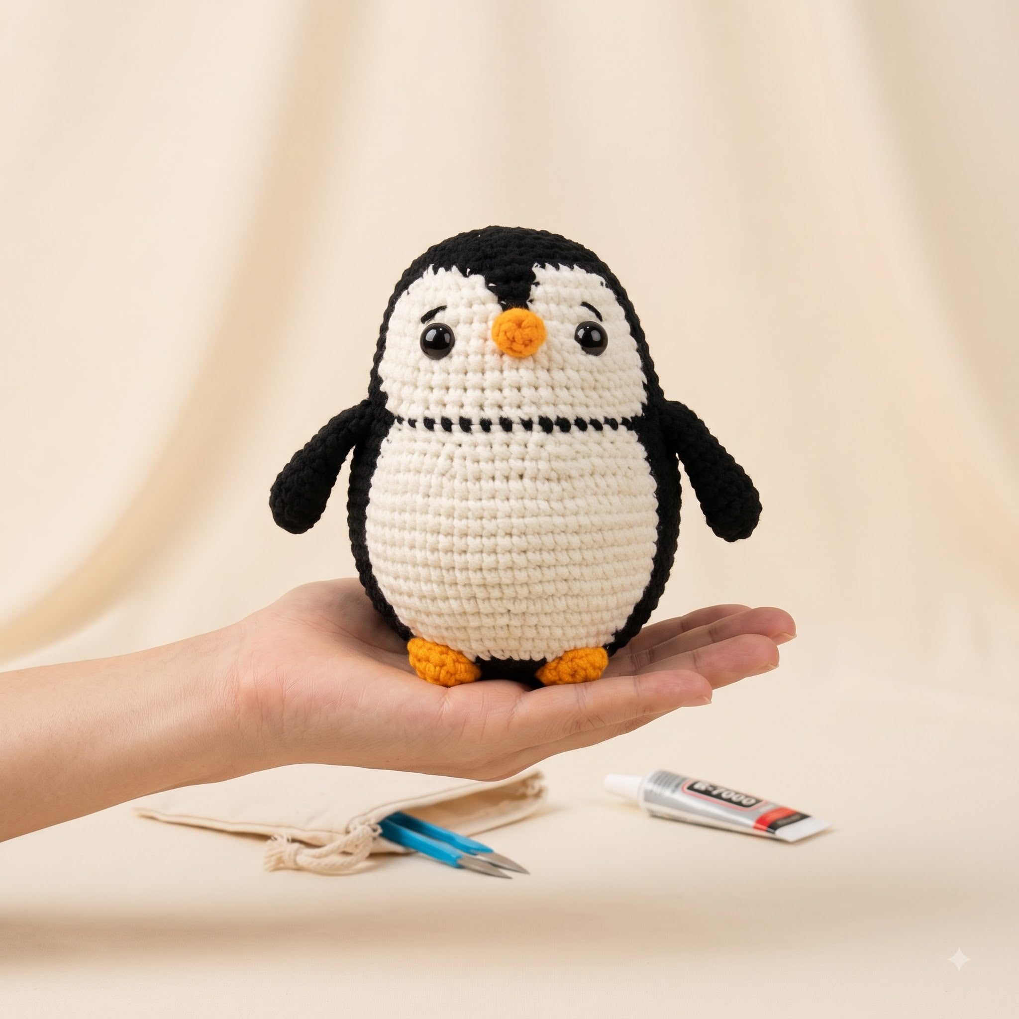 A crocheted penguin doll with a black and white body and orange beak and feet, being held in a person's hand against a soft beige background. A small tube, needle, and drawstring bag are visible on the surface below.