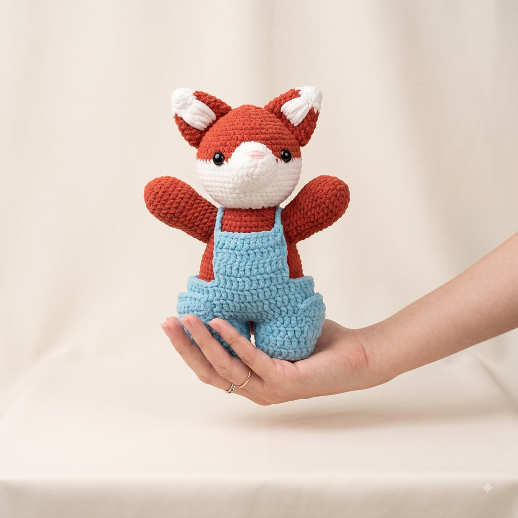 A crocheted fox toy with a red-orange body, white face and ears, and light blue overalls, being held in a person's hand against a soft cream fabric backdrop.