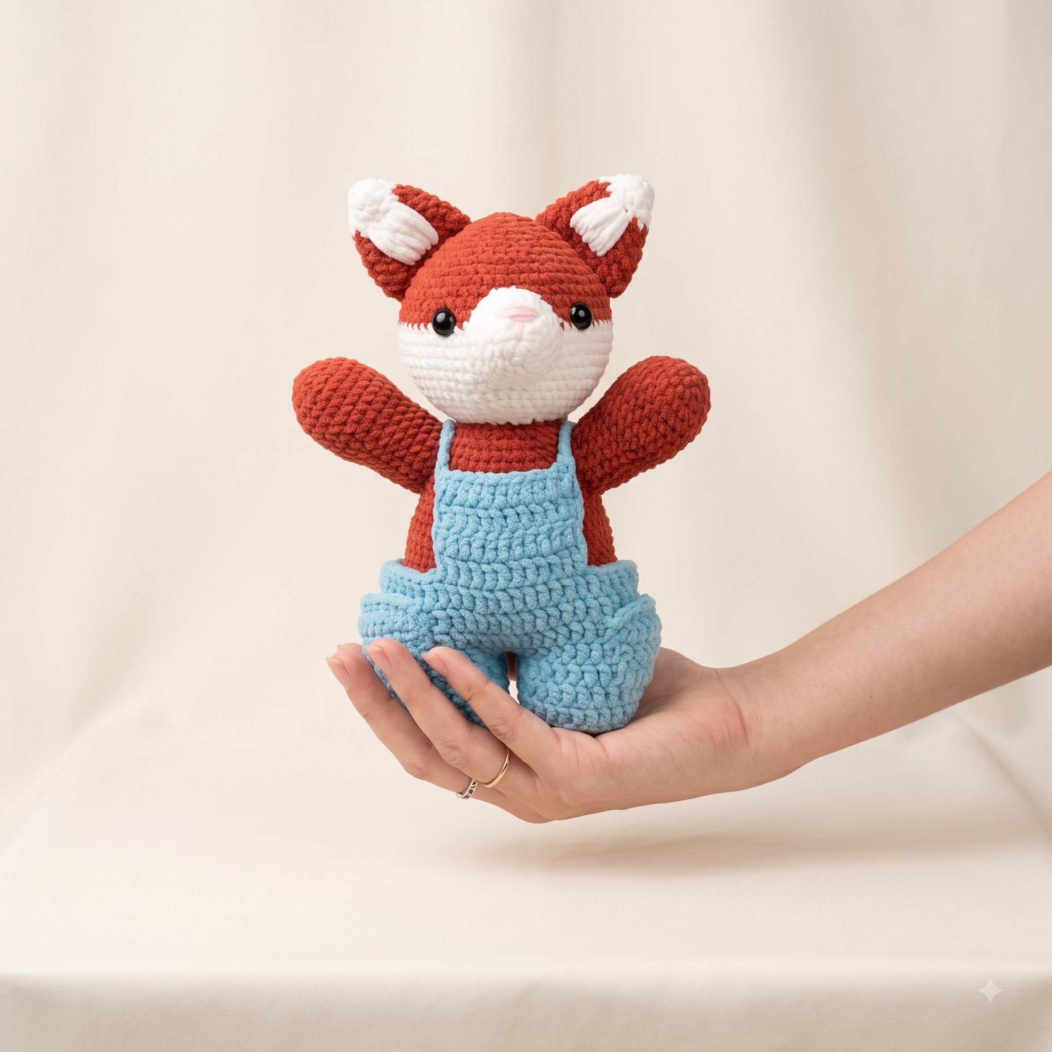 A crocheted fox toy with a red-orange body, white face and ears, and light blue overalls, being held in a person's hand against a soft cream fabric backdrop.