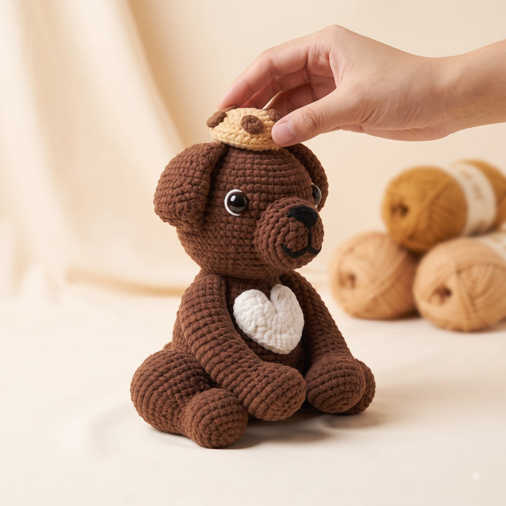 A crocheted brown puppy toy with a white heart on its chest and a small beige hat, being gently touched by a human hand. Three balls of yarn are blurred in the background against a soft beige fabric backdrop.