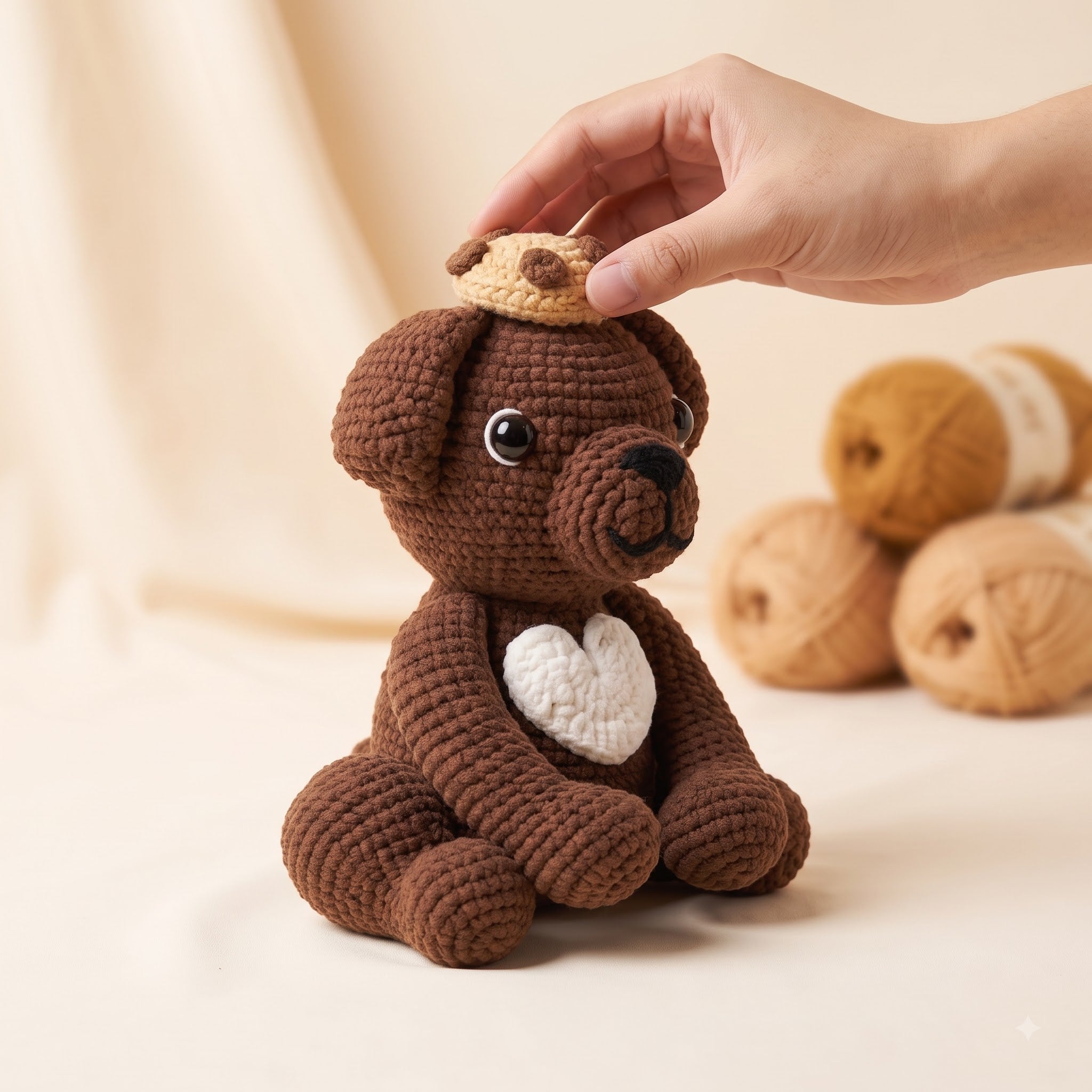 A crocheted brown puppy toy with a white heart on its chest and a small beige hat, being gently touched by a human hand. Three balls of yarn are blurred in the background against a soft beige fabric backdrop.