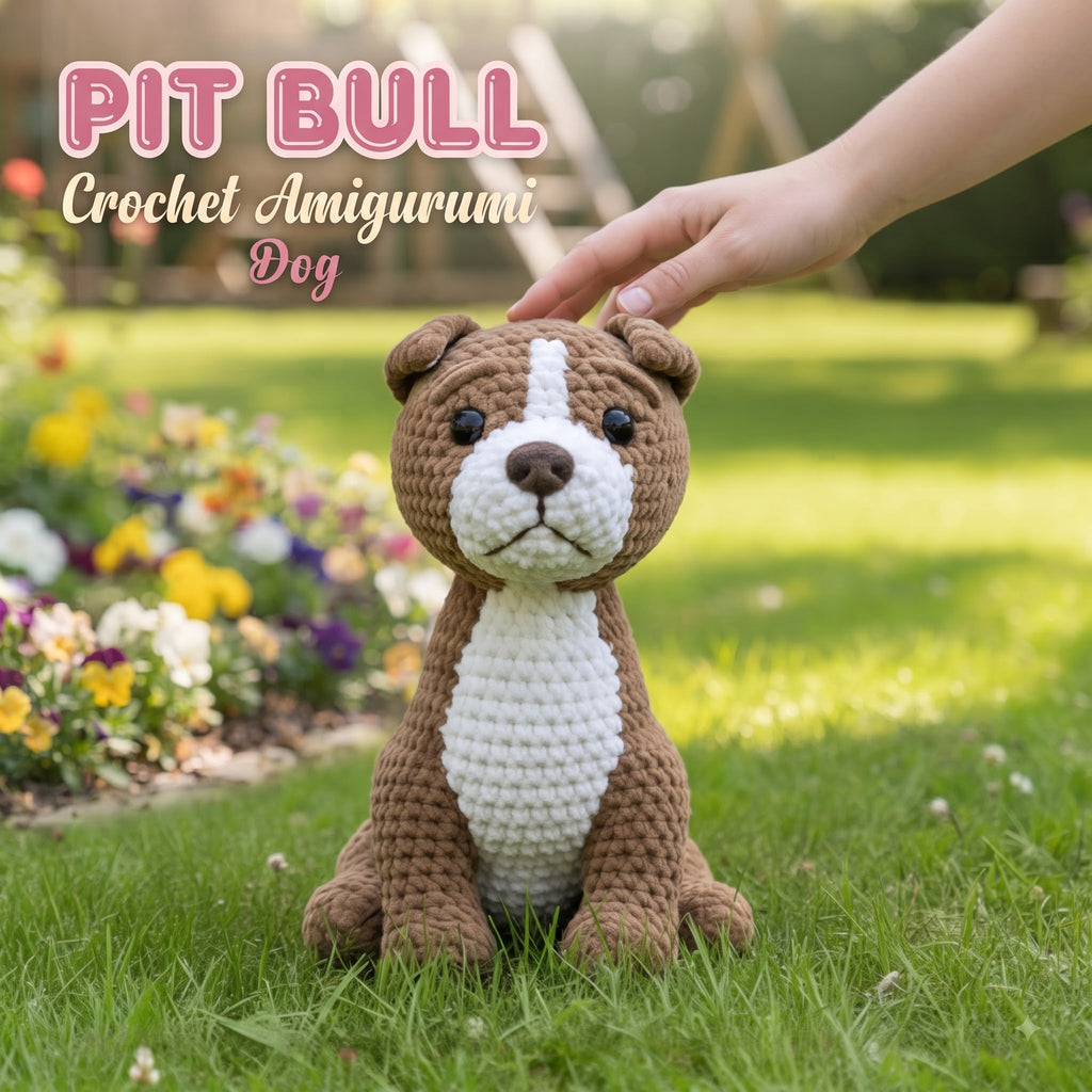 A crocheted pit bull dog amigurumi toy sits on green grass in a sunny garden, with a human hand gently touching its head. Pink text in the upper left reads 'PIT BULL Crochet Amigurumi Dog'.