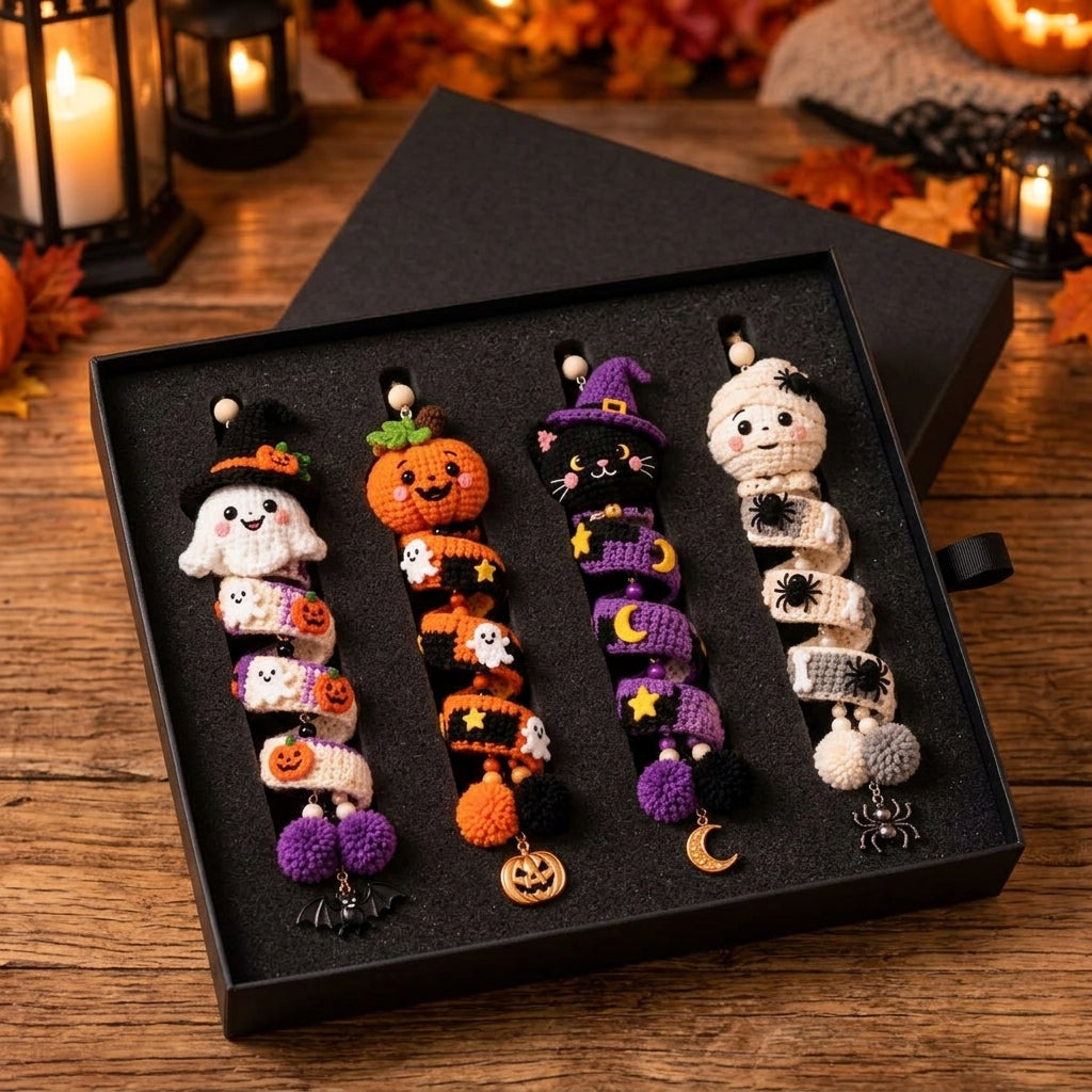 Four handmade crocheted Halloween-themed keychains displayed in a black gift box on a wooden table, surrounded by candles and autumn leaves.