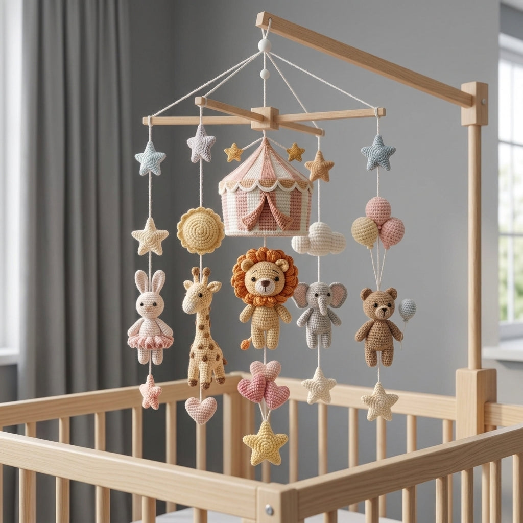 Handmade Circus Animal Baby Mobile, Elephant Giraffe Nursery Decor