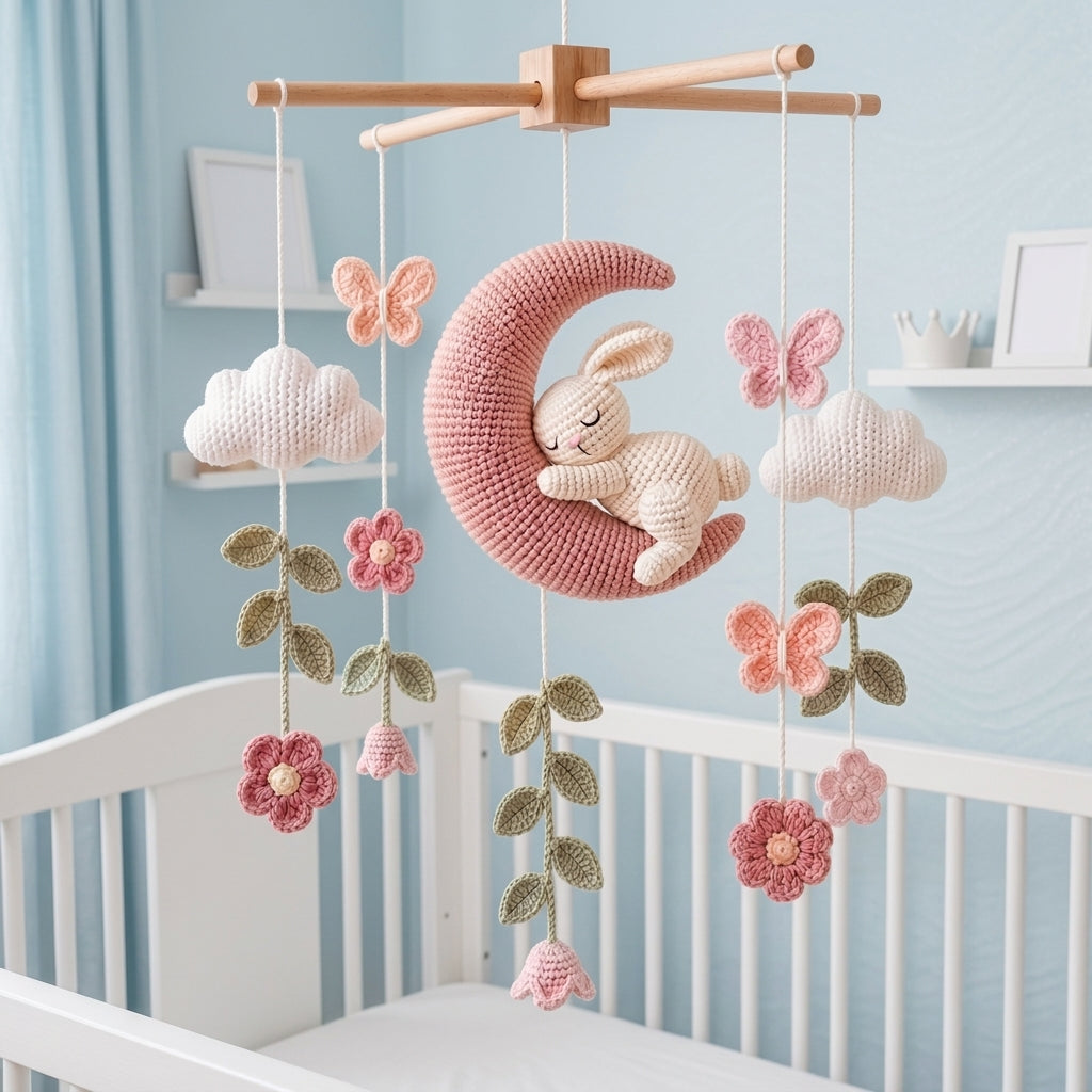 Handmade Crochet Bunny Moon Baby Mobile – Floral Nursery Decor