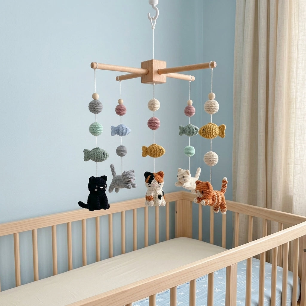 Handmade Crochet Cat Baby Mobile with Fish – Nursery Crib Decor
