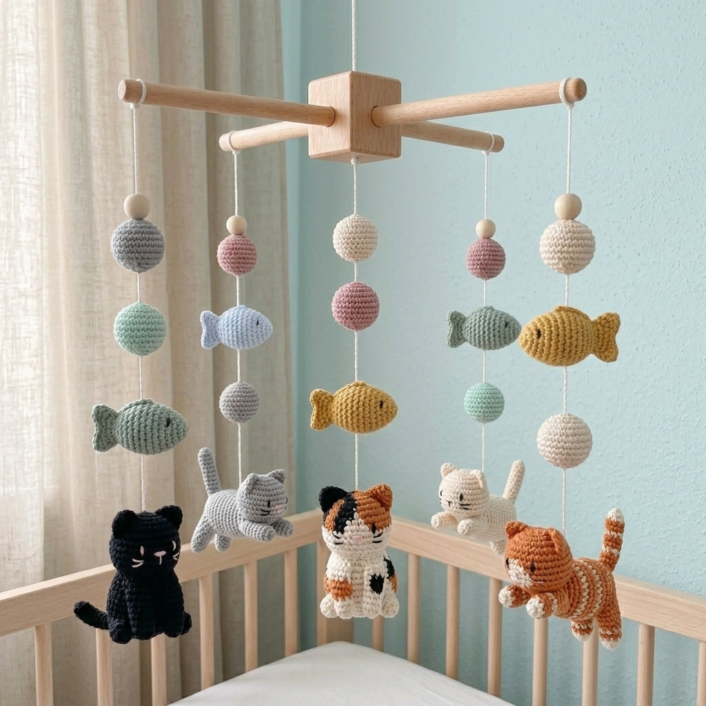 Handmade Crochet Cat Baby Mobile with Fish – Nursery Crib Decor