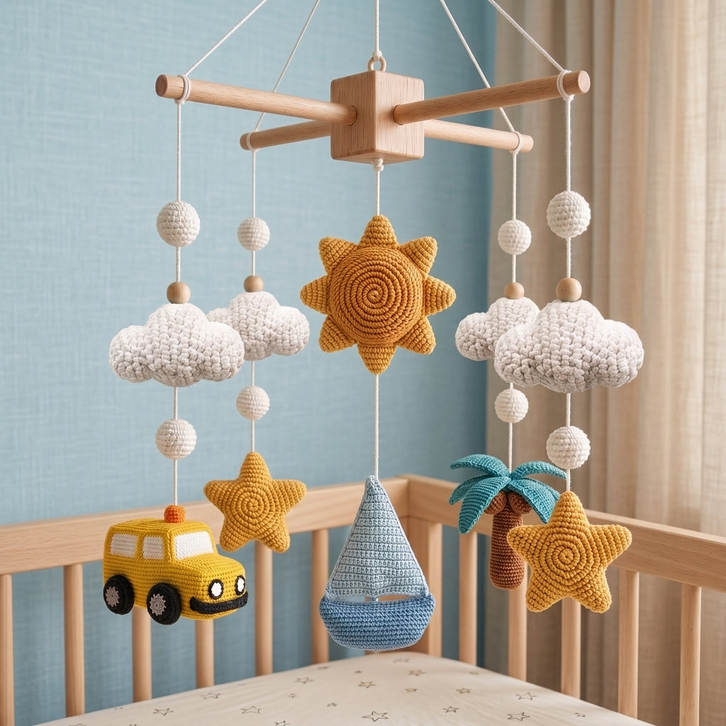 Handmade Crochet Travel Baby Mobile – Car, Sailboat & Beach Nursery Decor
