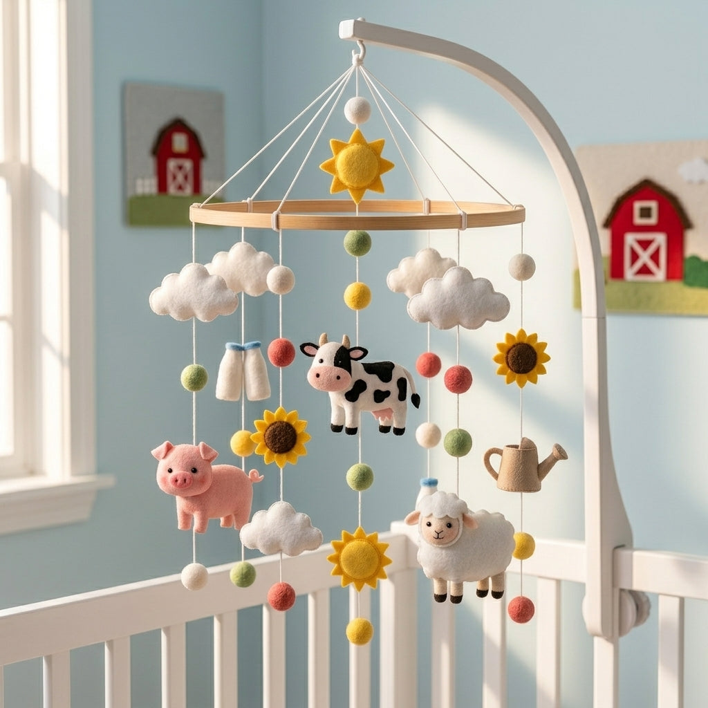 Handmade Felt Farm Animal Baby Mobile – Cow, Pig & Sheep Nursery Decor